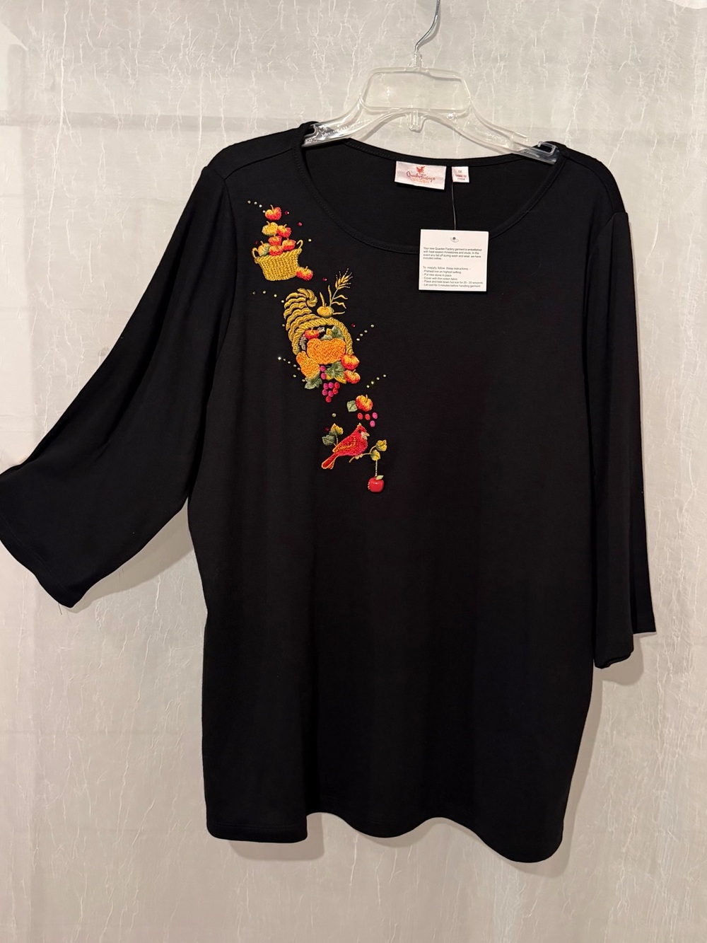 Quacker Factory Black 3/4 Sleeve Top with Colorful Fall Embroidered Cornucopia